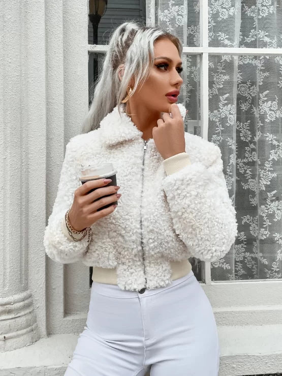 Eilly Bazar Solid Zipper Up Teddy Jacket - Image 4