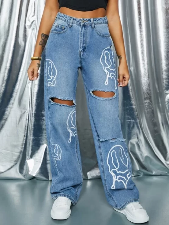 Graphic Print Ripped Wide Leg Jeans - Image 4