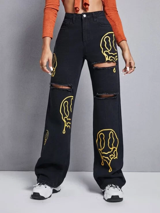 Graphic Print Ripped Wide Leg Jeans - Image 7