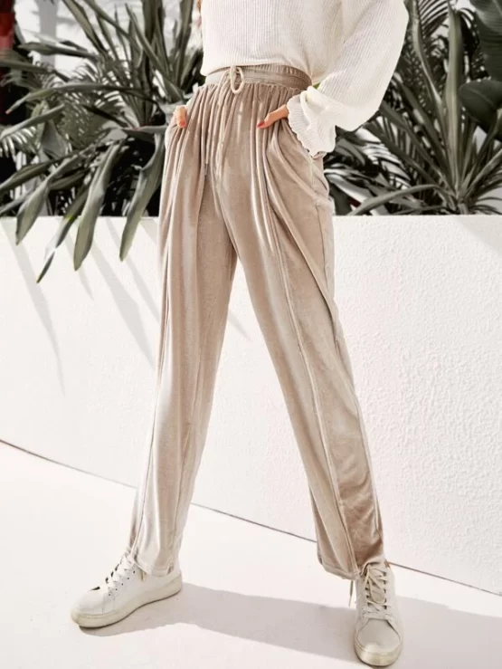 Seam Front Drawstring Waist Velvet Pants - Image 4