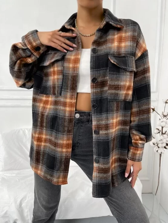 Flap Pocket Drop Shoulder Plaid Blouse - Image 4