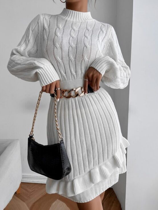 Cable Knit Mock Neck Ruffle Trim Sweater Dress Without Belt - Image 4