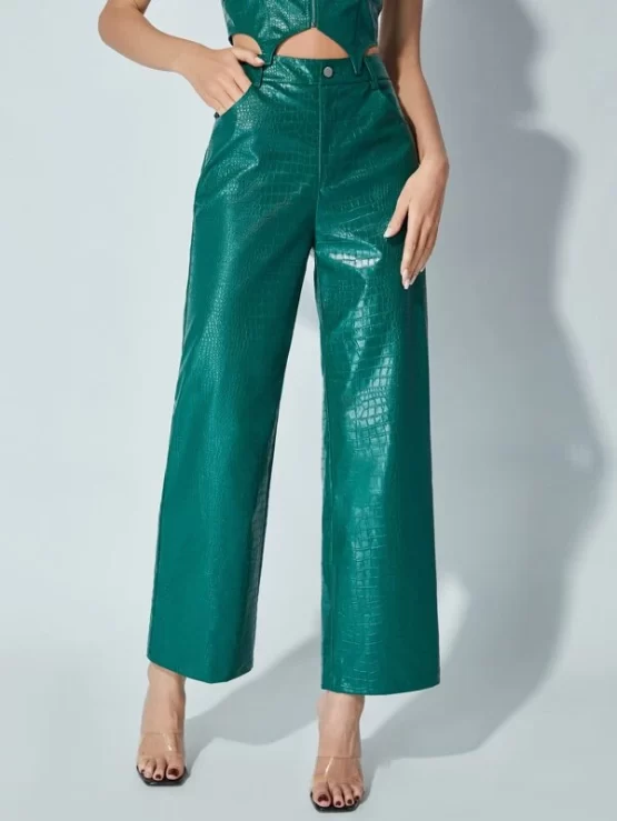 Crocodile Embossed PU Leather Pants - Image 4