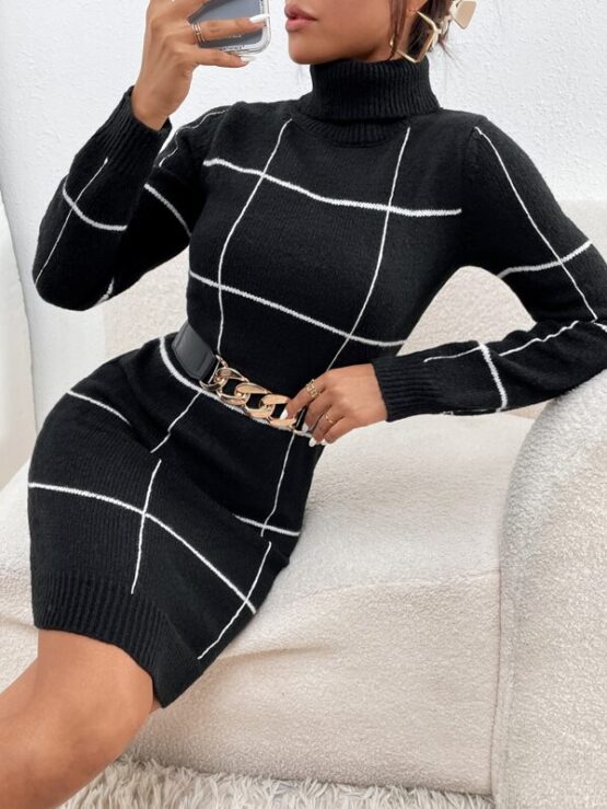 Plaid Pattern Turtle Neck Sweater Dress Without Belt