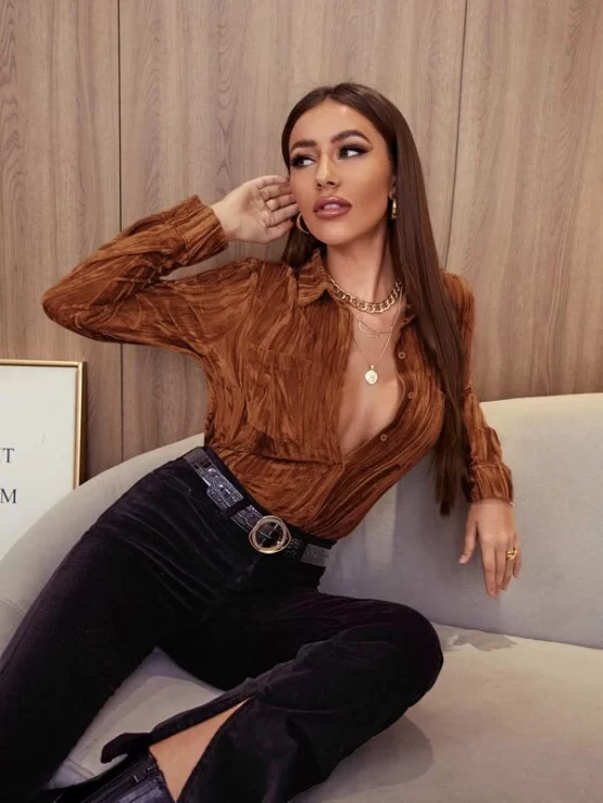 Pocket Front Velvet Hot Blouse - Image 4