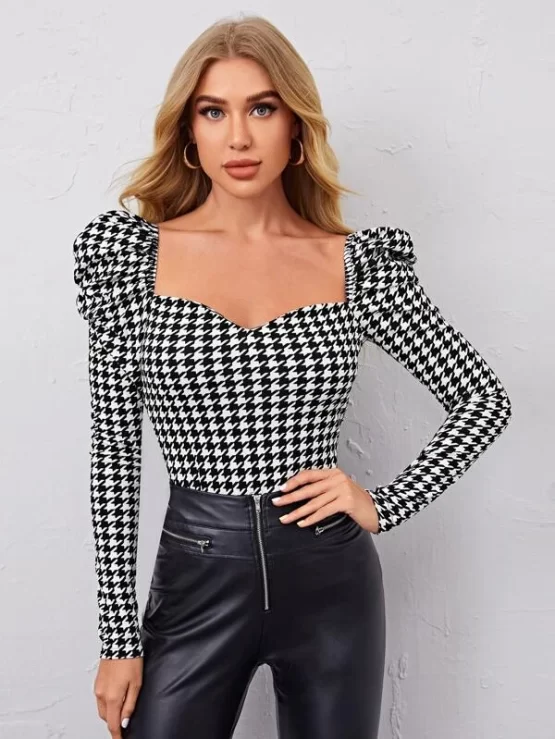 Sweetheart Neck Gigot Sleeve Houndstooth Top - Image 4