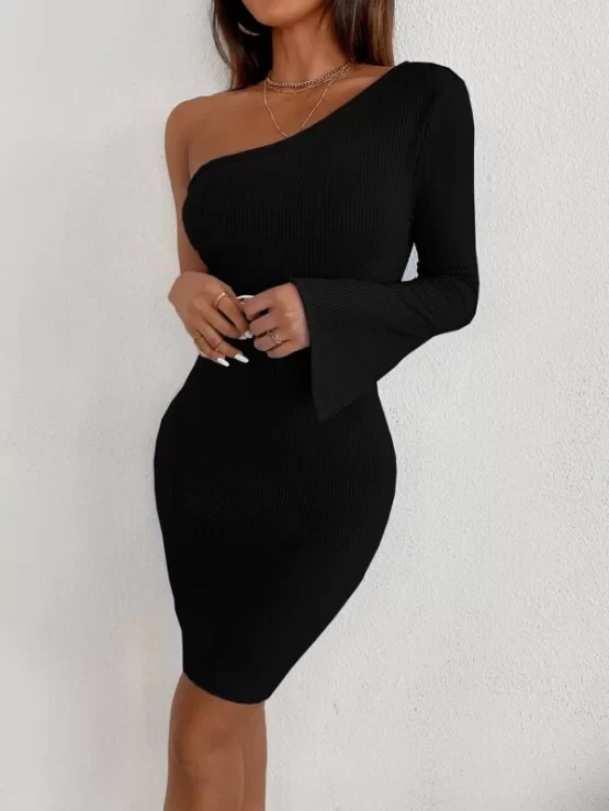 One Shoulder Split Cuff Bodycon Dress