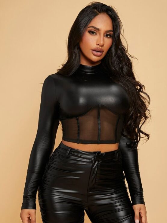 Stand Collar Contrast Mesh Crop PU Leather Tee - Image 4