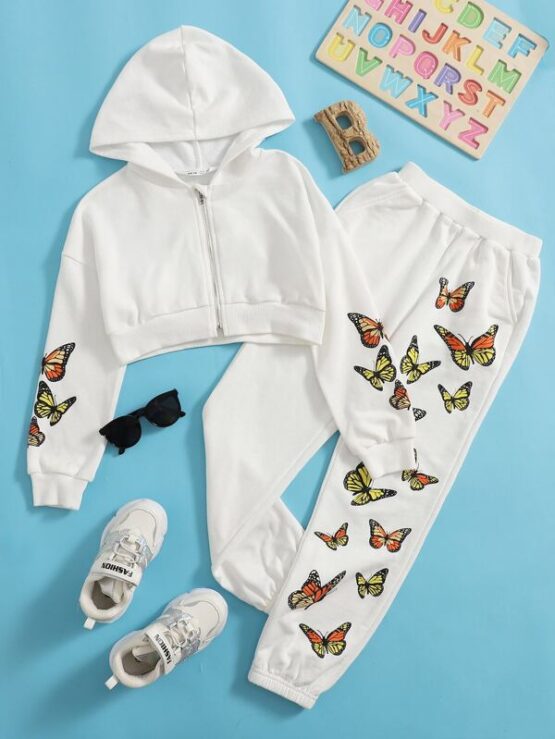 Girls Zipper Front Butterfly Print Sweatshirt & Joggers Set