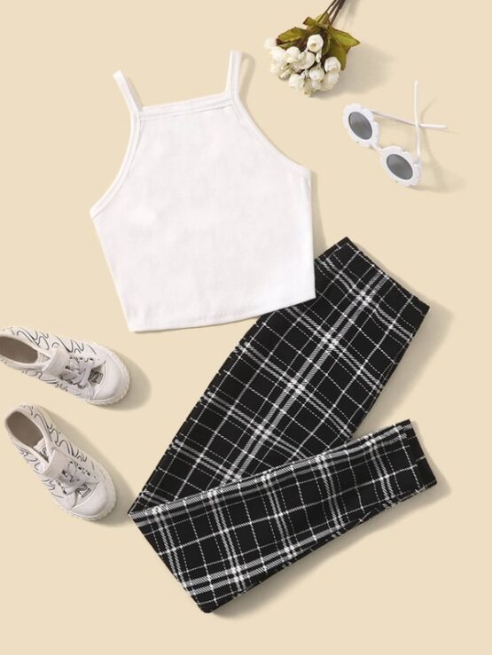 Girls Rib-knit Cami Top and Plaid Leggings Set