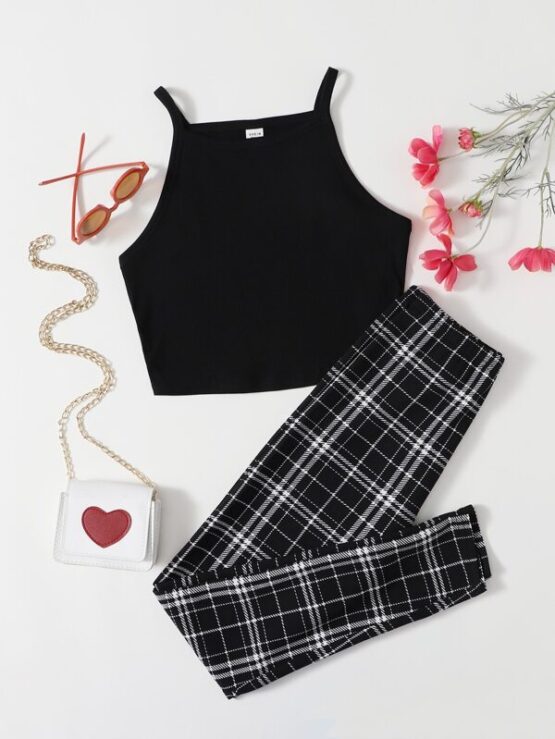 Girls Rib-knit Cami Top and Plaid Leggings Set - Image 7