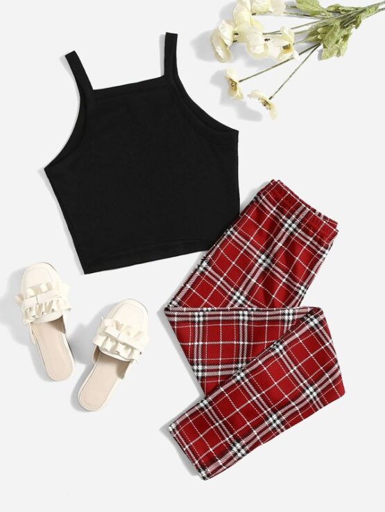 Girls Rib-knit Cami Top and Plaid Leggings Set - Image 10