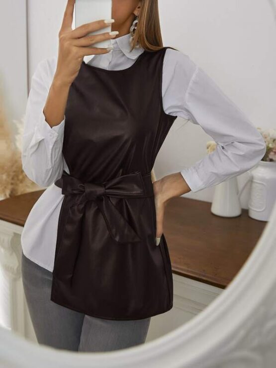 PU Leather Belted Coat Without Blouse - Image 7