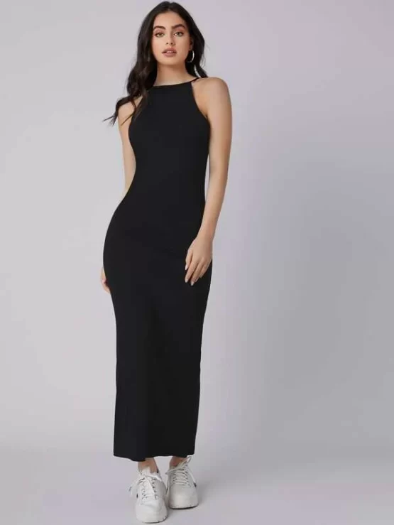 Solid Halter Fitted Hot Dress