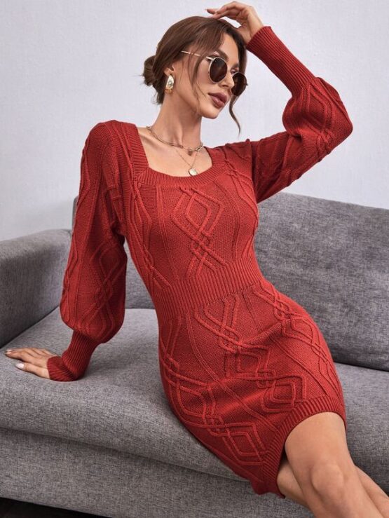 Argyle Knit Lantern Sleeve Knit Dress