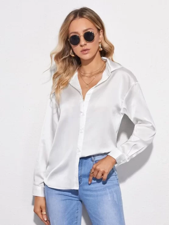 Drop Shoulder Button Front Satin Blouse - Image 4