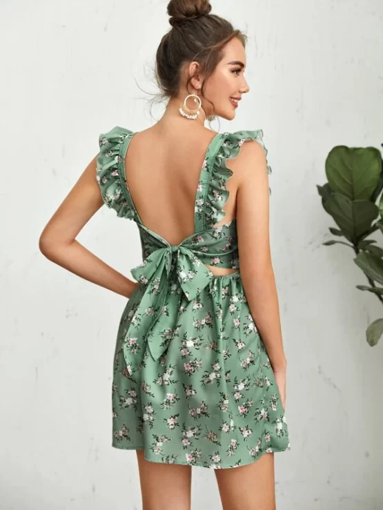 Ruffle Strap Tied Backless Floral Front Dress