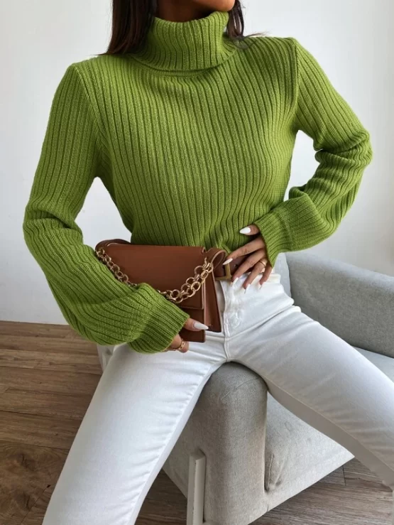 Solid Turtleneck Bishop Sleeve Crop Sweater