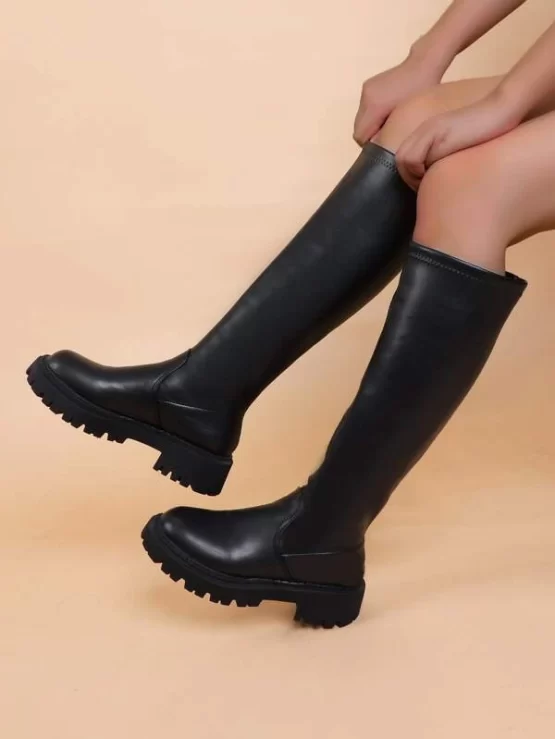 Minimalist Rubber Leather Slip On High Boots