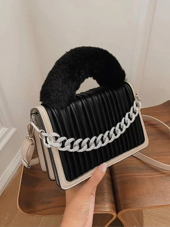 Chain Decor Fluffy Leather Handle Satchel Bag