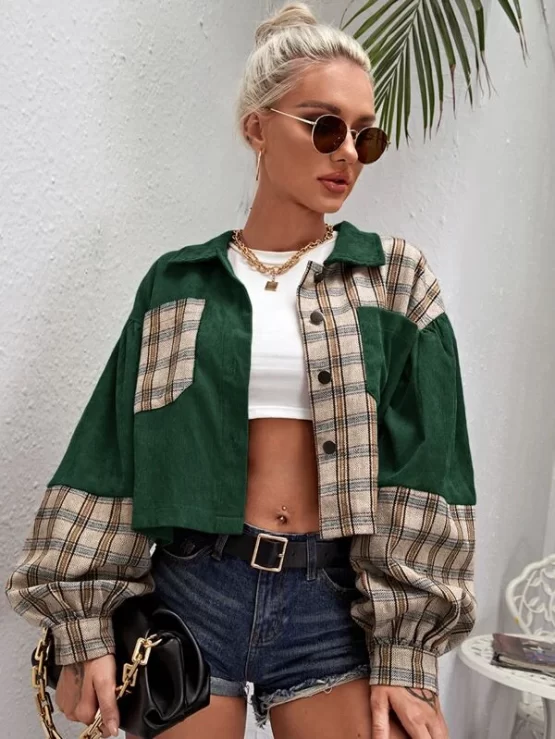 Tartan Panel Pocket Front Corduroy Crop Shacket - Image 4
