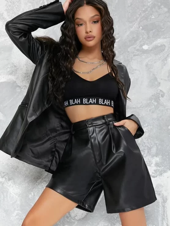 High Waist Slant Pockets PU Leather Shorts - Image 4