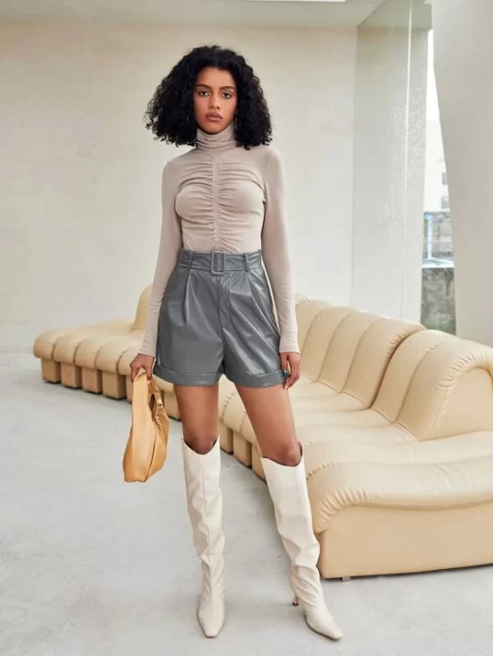 Buckle Belted PU Leather Shorts - Image 4