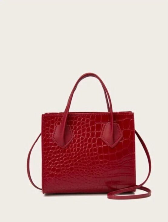 Crocodile Embossed Satchel Red Square Bag