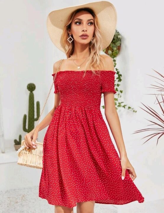 Off Shoulder Floral Print Lettuce Trim Dress