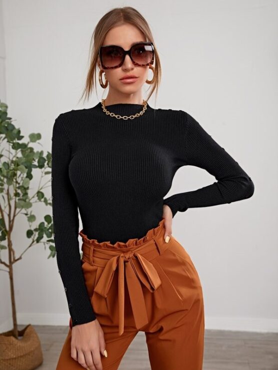 Round Neck Plain Casual Rib-knit Solid Tee