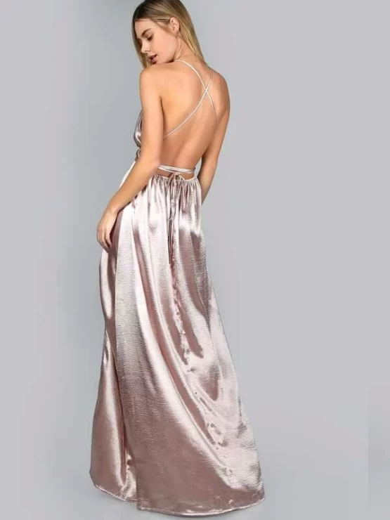 Cross Back High Split Maxi Slip Satin Dress - Image 2