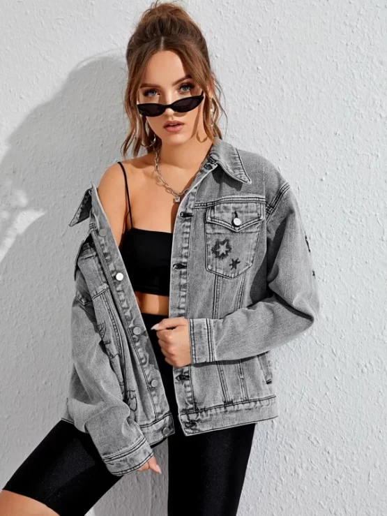 Letter & Plants Graphic Trucker Denim Jacket - Image 6