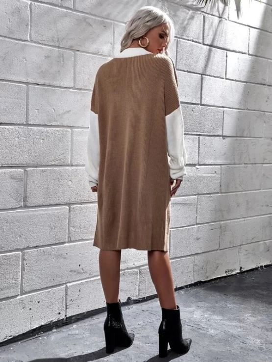 Color Block Drop Shoulder Sweater Dress Without Belt - Image 3