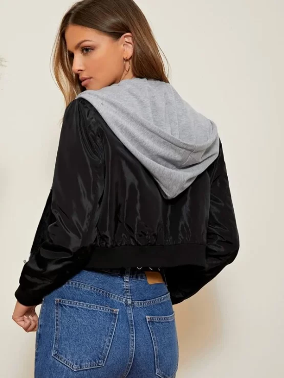 Zipper Placket 2 In 1 Drawstring Hooded Jacket - Image 2