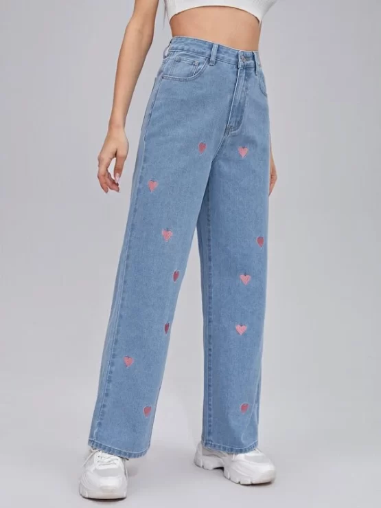 Zipper Fly Embroidery Heart Wide Leg Jeans - Image 3