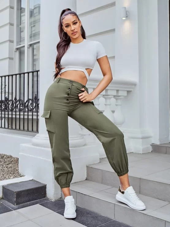 Flap Plain Pocket Button Fly Cargo Pants - Image 3