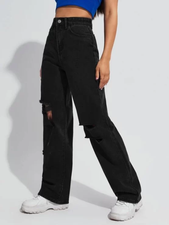 High Waist Ripped Boyfriend Jeans - Image 3