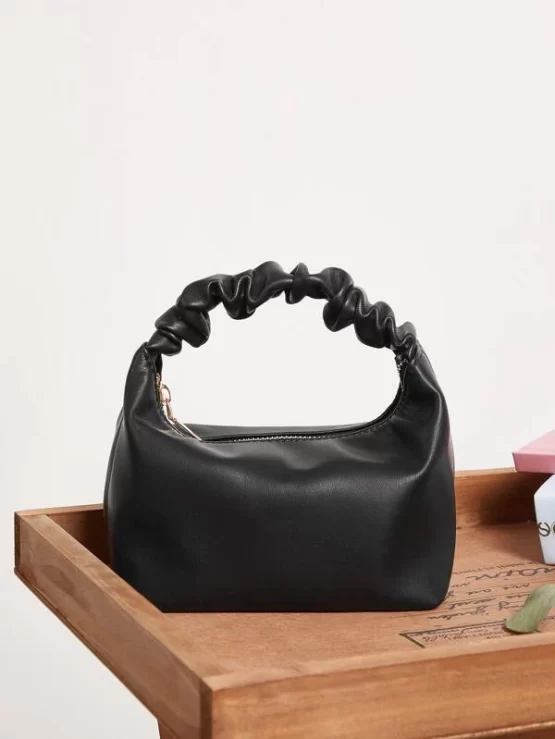 Ruched Handle Satchel Black Bag - Image 2