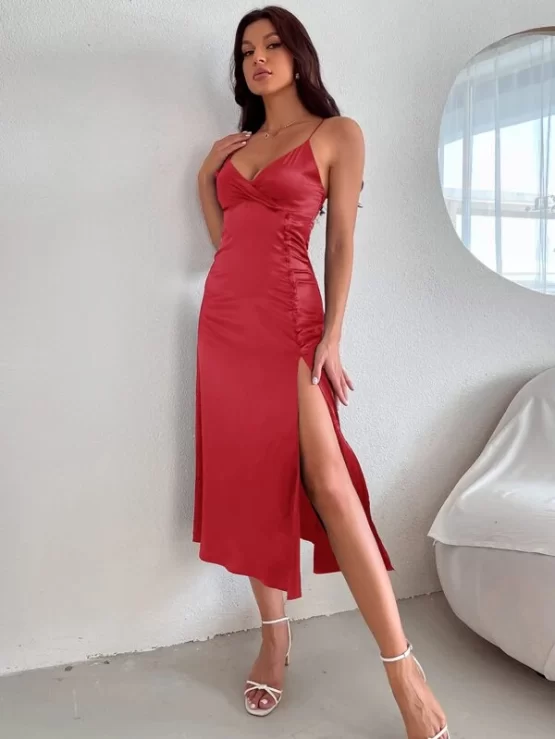 Satin Split Side Ruched Cami Dress - Image 3