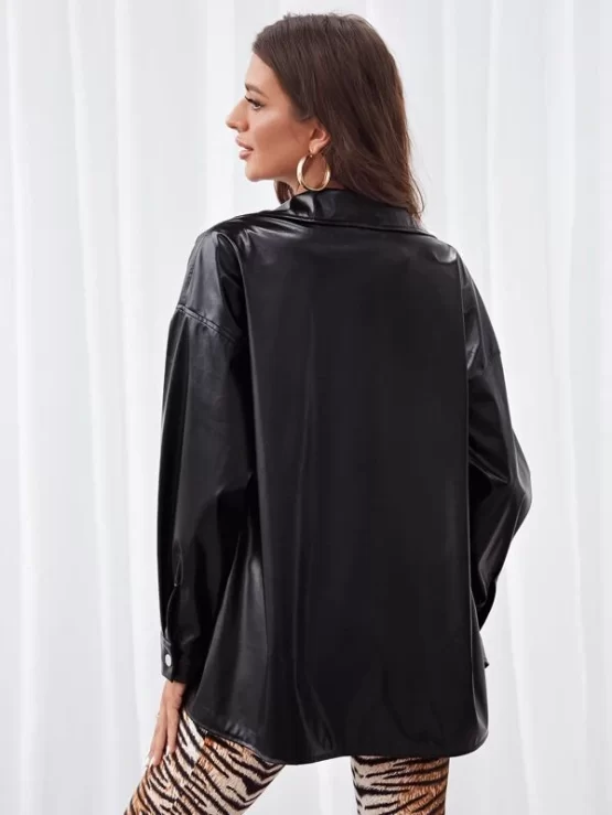 Drop Shoulder Button Up PU Leather Coat - Image 2