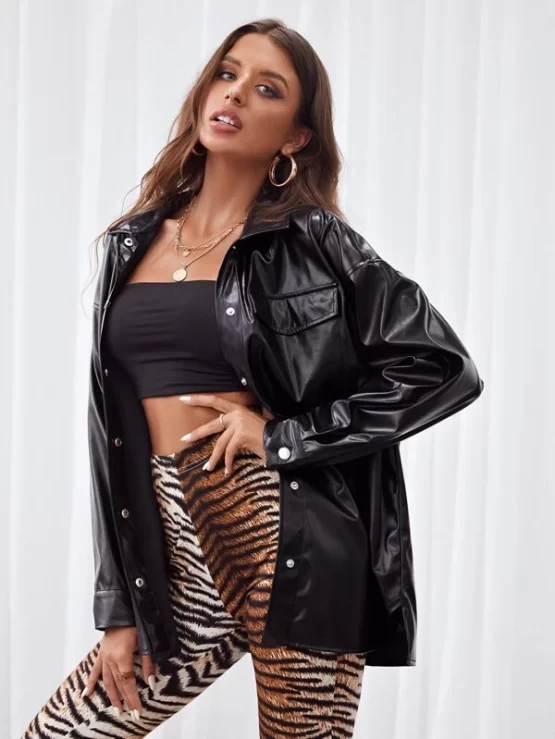Drop Shoulder Button Up PU Leather Coat - Image 3