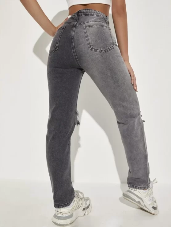 Knee Ripped Two Tone High Waist Jeans - Image 3