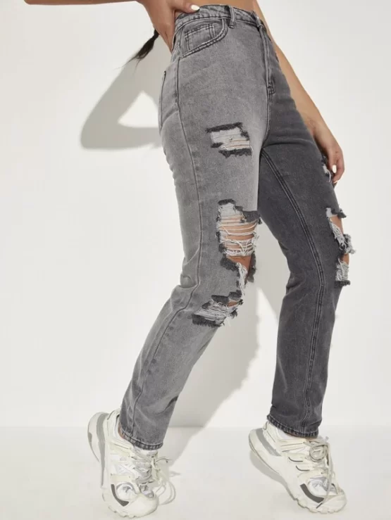 Knee Ripped Two Tone High Waist Jeans - Image 2