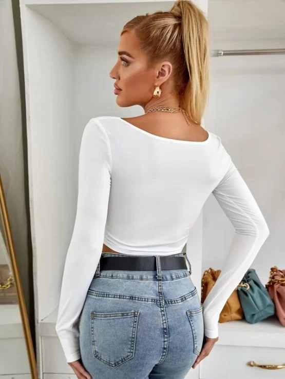 Solid Elegant Plain Crop Cowl Neck Tee - Image 2