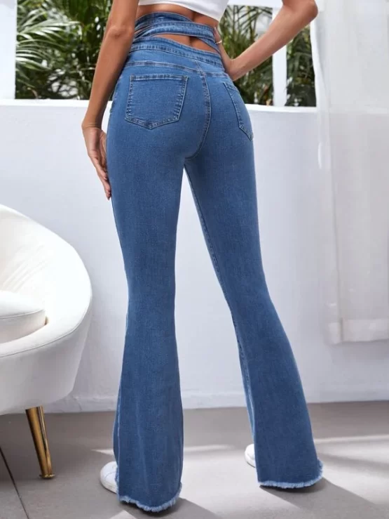 High Waisted Crisscross Back Cut Out Raw Hem Flare Leg Jeans - Image 2