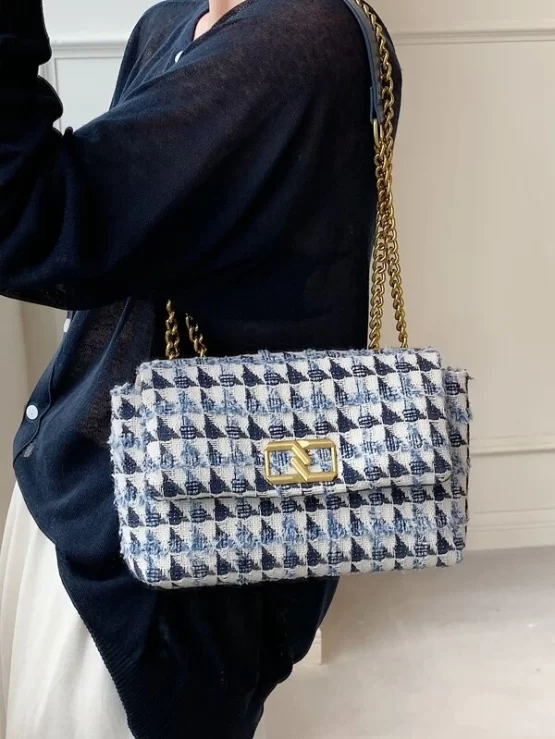 Metal Decor Plaid Pattern Flap Square Bag - Image 3