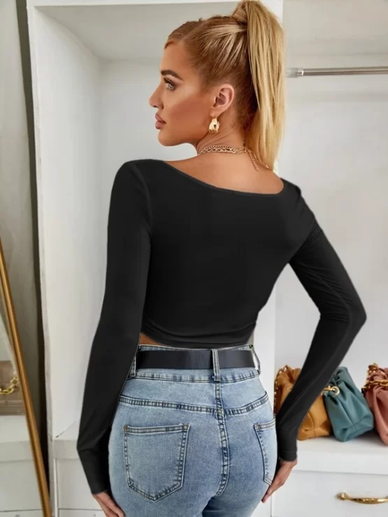 Solid Elegant Plain Crop Cowl Neck Tee - Image 5