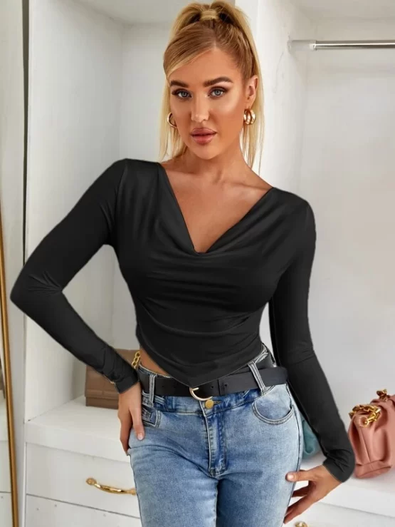 Solid Elegant Plain Crop Cowl Neck Tee - Image 6