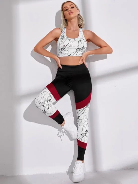 Marble Print Sports Bra & Colorblock Leggings - Image 3