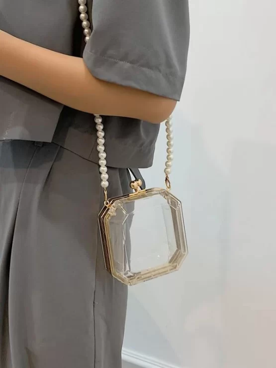 Clear Fantastic Faux Pearls Chain Box Bag - Image 2